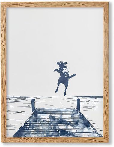 Happy Dog Jumps Off Dock Wall Art 12X16 Inch Wood Framed Blue Summer Lake Posters Fun Animal Jumping Canvas Prints for Trendy Coastal Cottage Wall Decor in Kuwait
