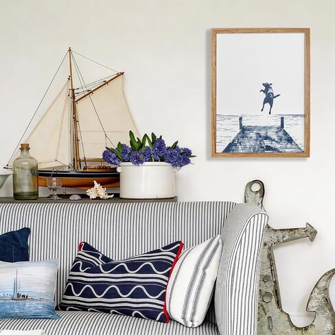Happy Dog Jumps Off Dock Wall Art 12X16 Inch Wood Framed Blue Summer Lake Posters Fun Animal Jumping Canvas Prints for Trendy Coastal Cottage Wall Decor in Kuwait
