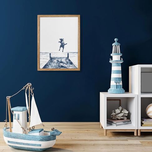 Happy Dog Jumps Off Dock Wall Art 12X16 Inch Wood Framed Blue Summer Lake Posters Fun Animal Jumping Canvas Prints for Trendy Coastal Cottage Wall Decor in Kuwait