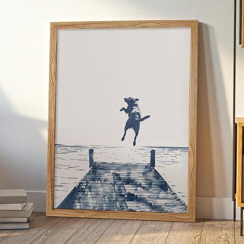 Happy Dog Jumps Off Dock Wall Art 12X16 Inch Wood Framed Blue Summer Lake Posters Fun Animal Jumping Canvas Prints for Trendy Coastal Cottage Wall Decor in Kuwait