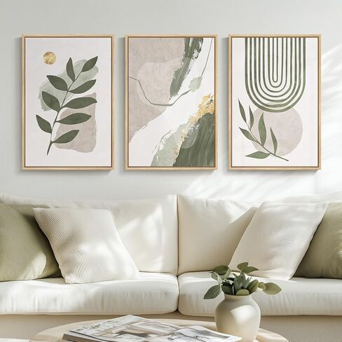 Large Framed Boho Sage Green Abstract Wall Art for Living Room, 3 Piece Leaf Botanical Canvas Artworks Decor, Minimalist Geometric Beige Gold Painting Prints for Dining Room Bedroom Office 16x24 Inch in Saudi Arabia