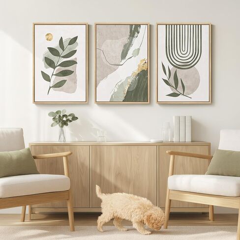 Large Framed Boho Sage Green Abstract Wall Art for Living Room, 3 Piece Leaf Botanical Canvas Artworks Decor, Minimalist Geometric Beige Gold Painting Prints for Dining Room Bedroom Office 16x24 Inch in Saudi Arabia