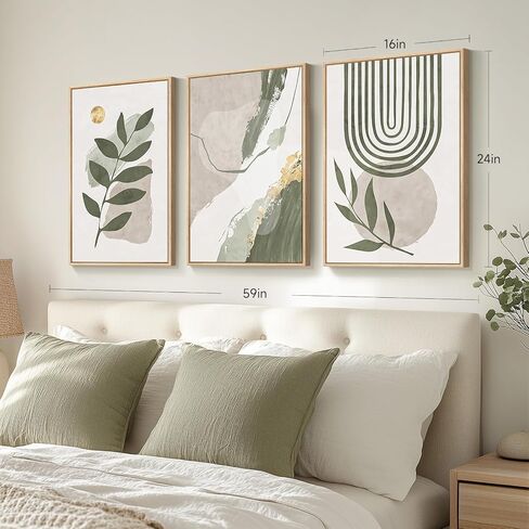 Large Framed Boho Sage Green Abstract Wall Art for Living Room, 3 Piece Leaf Botanical Canvas Artworks Decor, Minimalist Geometric Beige Gold Painting Prints for Dining Room Bedroom Office 16x24 Inch in Saudi Arabia