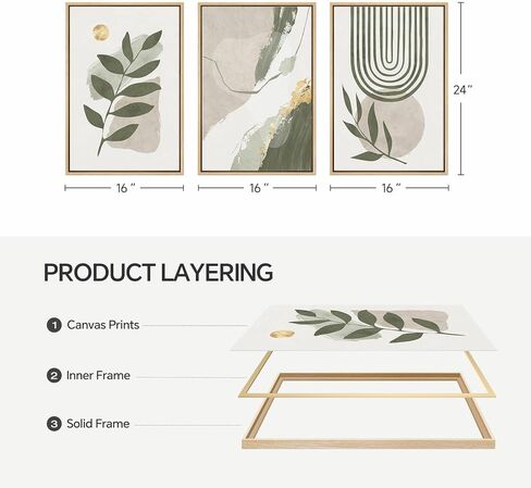 Large Framed Boho Sage Green Abstract Wall Art for Living Room, 3 Piece Leaf Botanical Canvas Artworks Decor, Minimalist Geometric Beige Gold Painting Prints for Dining Room Bedroom Office 16x24 Inch in Saudi Arabia