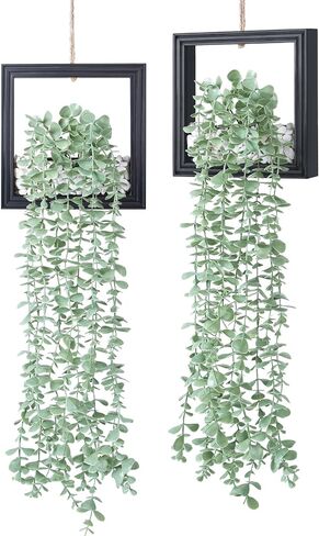 2 Pack Fake Plants Hanging, Artificial Eucalyptus Vines in Square Wooden Frame with LED Lights, Boho Wall Decor for Office Living Room Bathroom Bedroom Kitchen, 7.8 inch, Black in Saudi Arabia