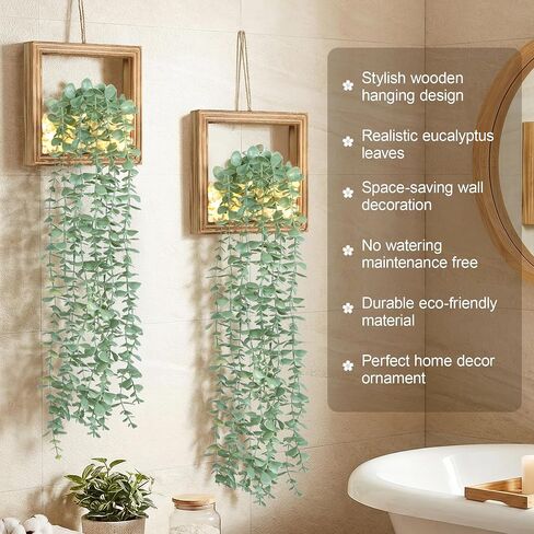 2 Pack Fake Plants Hanging, Artificial Eucalyptus Vines in Square Wooden Frame with LED Lights, Boho Wall Decor for Office Living Room Bathroom Bedroom Kitchen, 7.8 inch, Black in Saudi Arabia