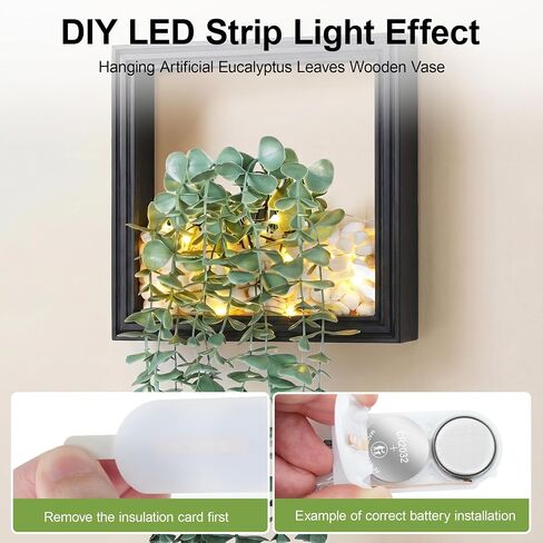 2 Pack Fake Plants Hanging, Artificial Eucalyptus Vines in Square Wooden Frame with LED Lights, Boho Wall Decor for Office Living Room Bathroom Bedroom Kitchen, 7.8 inch, Black in Saudi Arabia