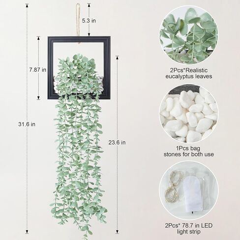 2 Pack Fake Plants Hanging, Artificial Eucalyptus Vines in Square Wooden Frame with LED Lights, Boho Wall Decor for Office Living Room Bathroom Bedroom Kitchen, 7.8 inch, Black in Saudi Arabia