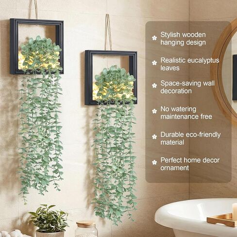 2 Pack Fake Plants Hanging, Artificial Eucalyptus Vines in Square Wooden Frame with LED Lights, Boho Wall Decor for Office Living Room Bathroom Bedroom Kitchen, 7.8 inch, Black in Saudi Arabia