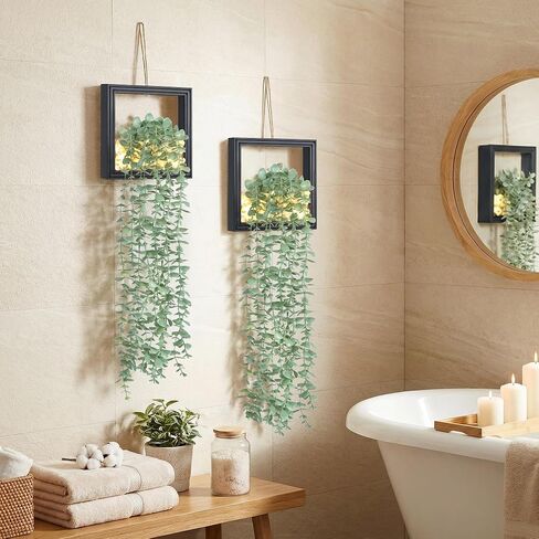 2 Pack Fake Plants Hanging, Artificial Eucalyptus Vines in Square Wooden Frame with LED Lights, Boho Wall Decor for Office Living Room Bathroom Bedroom Kitchen, 7.8 inch, Black in Saudi Arabia