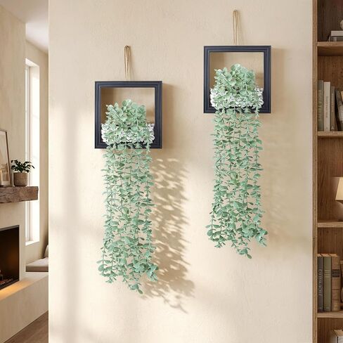 2 Pack Fake Plants Hanging, Artificial Eucalyptus Vines in Square Wooden Frame with LED Lights, Boho Wall Decor for Office Living Room Bathroom Bedroom Kitchen, 7.8 inch, Black in Saudi Arabia