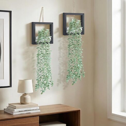 2 Pack Fake Plants Hanging, Artificial Eucalyptus Vines in Square Wooden Frame with LED Lights, Boho Wall Decor for Office Living Room Bathroom Bedroom Kitchen, 7.8 inch, Black in Saudi Arabia