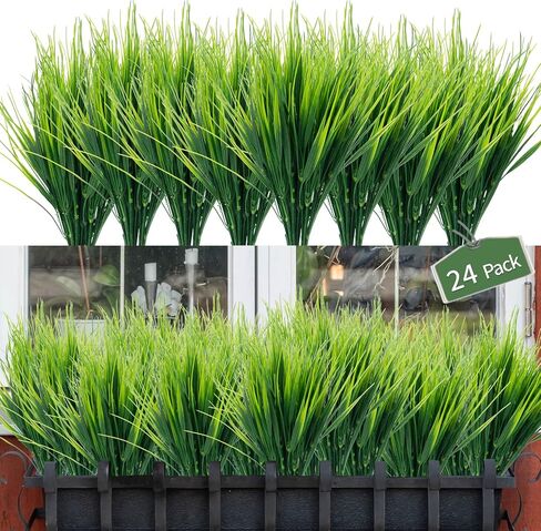 24 Bundles Artificial Wheat Grass Fake Plants Outdoor Faux Greenery Stems Plastic Shrubs UV Resistant Faux Plastic Plants for Patio Garden Porch Window Box Spring Home Decor in Saudi Arabia