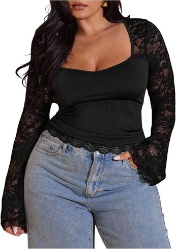 SOLY HUX Women's Plus Size Lace T Shirt Tie Backless Sweetheart Neck Long Sleeve Slim Fitted Tee Going Out Tops in Saudi Arabia