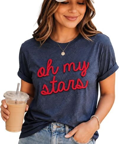 Oh My Stars Shirt Women, Patriotic Graphic Tee, Blue Script Fourth of July T-Shirt, Cute USA Summer Top, Casual Americana Outfit in Saudi Arabia