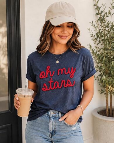 Oh My Stars Shirt Women, Patriotic Graphic Tee, Blue Script Fourth of July T-Shirt, Cute USA Summer Top, Casual Americana Outfit in Saudi Arabia