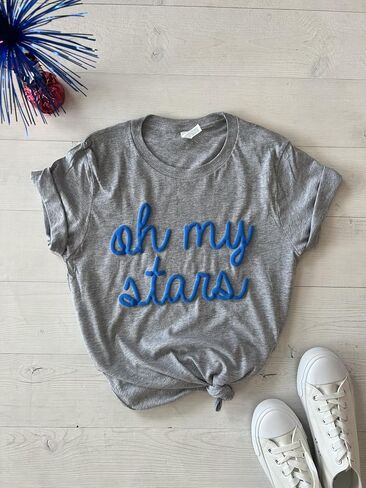 Oh My Stars Shirt Women, Patriotic Graphic Tee, Blue Script Fourth of July T-Shirt, Cute USA Summer Top, Casual Americana Outfit in Saudi Arabia