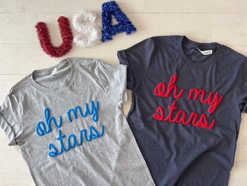 Oh My Stars Shirt Women, Patriotic Graphic Tee, Blue Script Fourth of July T-Shirt, Cute USA Summer Top, Casual Americana Outfit in Saudi Arabia