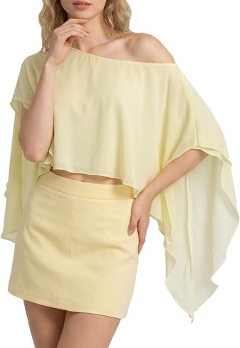 Womens One Shoulder Top Chiffon Poncho Sheer Sleeveless Blouse Asymmetrical Shawl Cape Loose Fit Summer Tee in Saudi Arabia