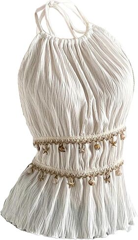 OYOANGLE Women's Sheer Cami Halter Top Textured Backless Starfish Sleeveless Summer Beach Vacation Tops in Kuwait