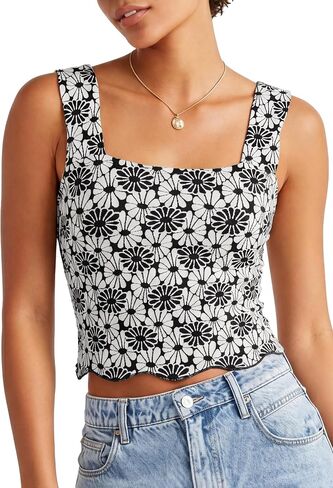 Pleneal Women's Square Neck Tank Top Wide Strap Crop Slim Fit Flower Lettuce Sleeveless Trim Cami Tops in Saudi Arabia