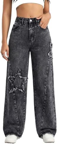 Women's Wide Leg Denim Pants Teen Star Raw Edge Baggy Trousers High Waisted Boyfriend Y2K Jeans Girls Fashion in Saudi Arabia