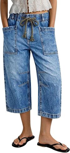 Flamingals Barrel Leg Capri Jeans for Women Mid Waist Drawstring Patched Pocket High Stretch Denim Pants in Kuwait