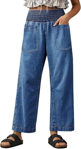 Flamingals Womens Wide Leg Jeans Smocked Waisted Pull On Stretchy Straight Leg Jeans Trendy Wash Casual Loose Denim Pants in Saudi Arabia