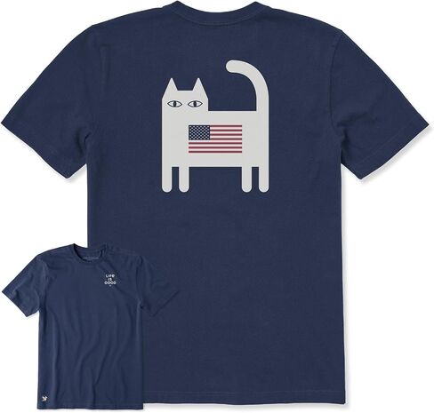 Life is Good. Men's Bert's Flag Cat Short Sleeve Crusher Tee, Darkest Blue in Kuwait