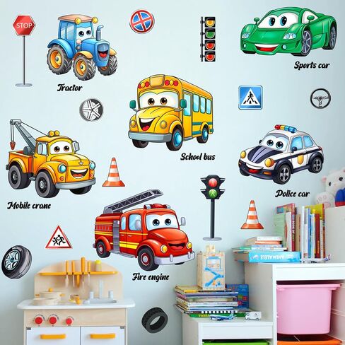 LiveGallery Cartoon Car Wall Stickers - Removable DIY Vehicle Traffic Sign Wall Decals, Peel and Stick Wall Art Murals Kids Car Wall Decor for Boys Girls Teens Bedroom Nursery Classroom Playroom in Kuwait