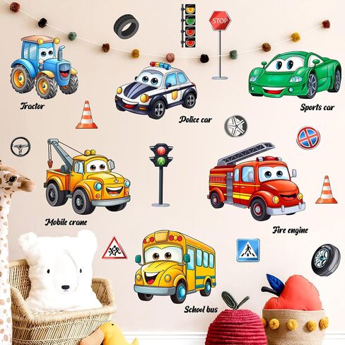 LiveGallery Cartoon Car Wall Stickers - Removable DIY Vehicle Traffic Sign Wall Decals, Peel and Stick Wall Art Murals Kids Car Wall Decor for Boys Girls Teens Bedroom Nursery Classroom Playroom in Kuwait
