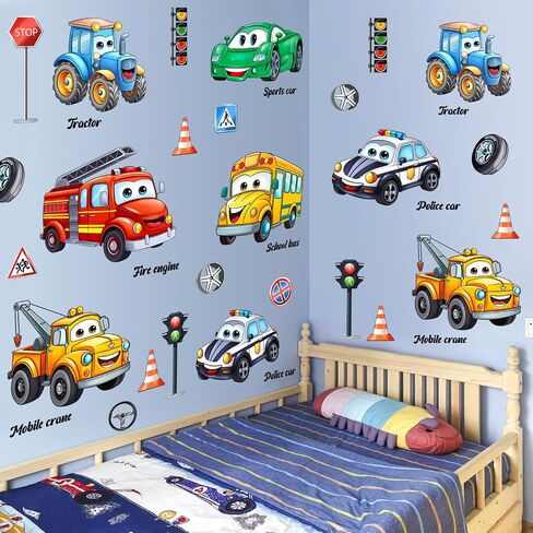 LiveGallery Cartoon Car Wall Stickers - Removable DIY Vehicle Traffic Sign Wall Decals, Peel and Stick Wall Art Murals Kids Car Wall Decor for Boys Girls Teens Bedroom Nursery Classroom Playroom in Kuwait