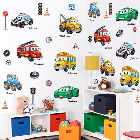 LiveGallery Cartoon Car Wall Stickers - Removable DIY Vehicle Traffic Sign Wall Decals, Peel and Stick Wall Art Murals Kids Car Wall Decor for Boys Girls Teens Bedroom Nursery Classroom Playroom in Kuwait