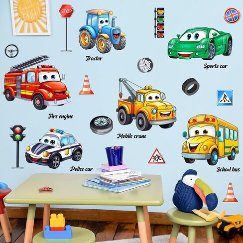 LiveGallery Cartoon Car Wall Stickers - Removable DIY Vehicle Traffic Sign Wall Decals, Peel and Stick Wall Art Murals Kids Car Wall Decor for Boys Girls Teens Bedroom Nursery Classroom Playroom in Kuwait