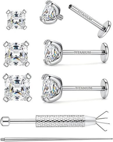3Pairs Moissanite Earrings G23 Implant Grade Titanium Earrings for women Men, Flat Back Earrings Hypoallergenic Internal Thread Tragus lip nose Piercing Jewelry 18G 6/8MM Post with tool Round/Princess Cut Certified 3-5MM in Saudi Arabia