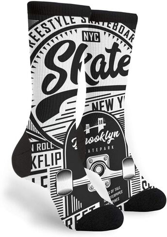 Skateboard Skate Board Sport Tee Graphics Urban Skater Street Novelty Crew Socks Cozy Cool For Women & Men Sock, Black and White, 5.5-12 in Saudi Arabia