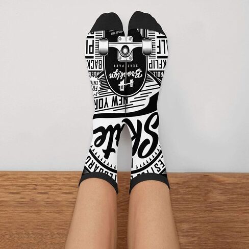 Skateboard Skate Board Sport Tee Graphics Urban Skater Street Novelty Crew Socks Cozy Cool For Women & Men Sock, Black and White, 5.5-12 in Saudi Arabia