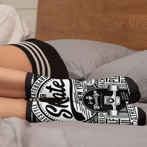 Skateboard Skate Board Sport Tee Graphics Urban Skater Street Novelty Crew Socks Cozy Cool For Women & Men Sock, Black and White, 5.5-12 in Saudi Arabia