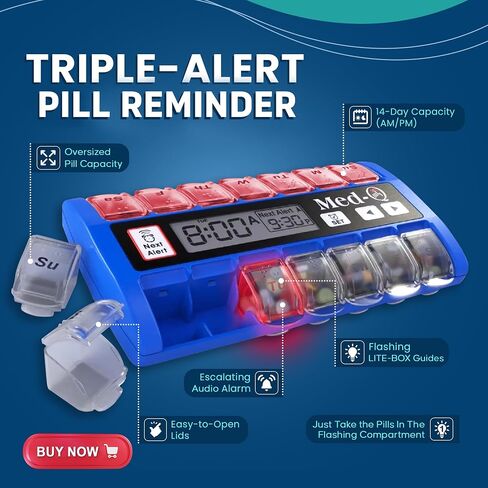 Med-Q Automatic Weekly Pill Organizer | 7 Day Smart Pill Box with Compartments | Medication Reminder, Blue Plastic Case | Easy-to-Use Basic Model for Daily Pill Management - Blue in Saudi Arabia