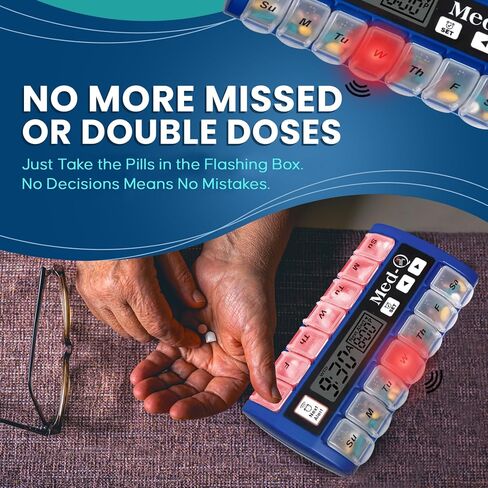 Med-Q Automatic Weekly Pill Organizer | 7 Day Smart Pill Box with Compartments | Medication Reminder, Blue Plastic Case | Easy-to-Use Basic Model for Daily Pill Management - Blue in Saudi Arabia