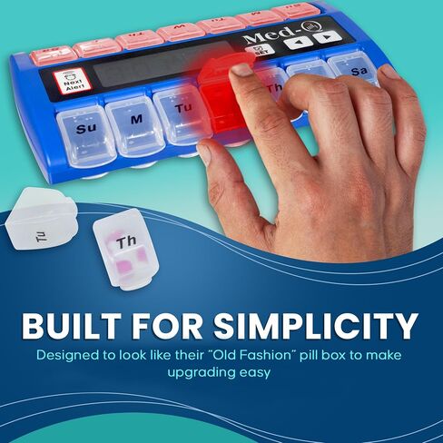 Med-Q Automatic Weekly Pill Organizer | 7 Day Smart Pill Box with Compartments | Medication Reminder, Blue Plastic Case | Easy-to-Use Basic Model for Daily Pill Management - Blue in Saudi Arabia