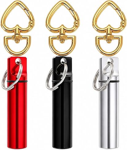 3 Pack Mini Pill Box Keychain with Gold Heart Clasp, Aluminum Portable Pill Holder Case, Small Screw-Top Pill Organizer Container for Purse, Bag, Key Ring, Travel, Camping, Red Black Silver in Saudi Arabia