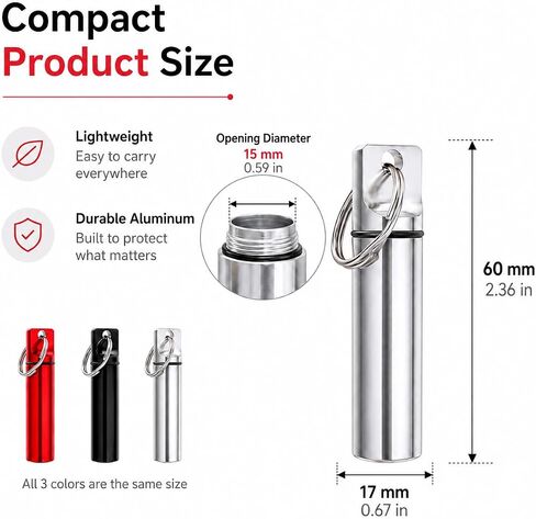 3 Pack Mini Pill Box Keychain with Gold Heart Clasp, Aluminum Portable Pill Holder Case, Small Screw-Top Pill Organizer Container for Purse, Bag, Key Ring, Travel, Camping, Red Black Silver in Saudi Arabia