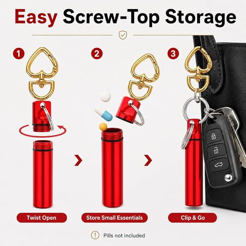 3 Pack Mini Pill Box Keychain with Gold Heart Clasp, Aluminum Portable Pill Holder Case, Small Screw-Top Pill Organizer Container for Purse, Bag, Key Ring, Travel, Camping, Red Black Silver in Saudi Arabia