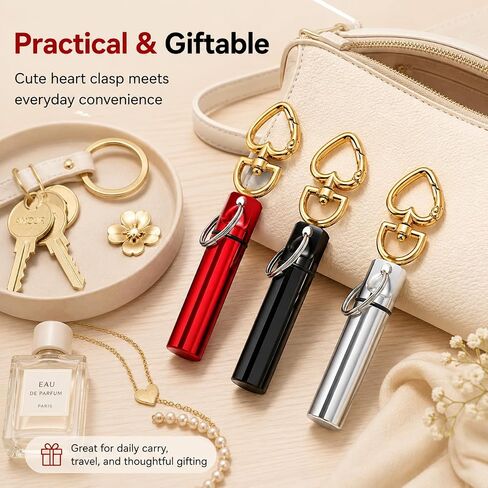 3 Pack Mini Pill Box Keychain with Gold Heart Clasp, Aluminum Portable Pill Holder Case, Small Screw-Top Pill Organizer Container for Purse, Bag, Key Ring, Travel, Camping, Red Black Silver in Saudi Arabia