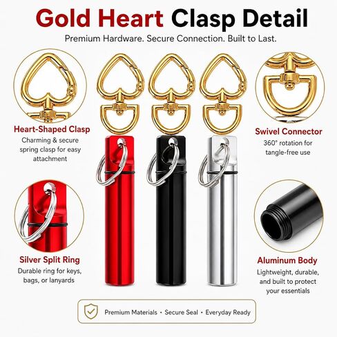 3 Pack Mini Pill Box Keychain with Gold Heart Clasp, Aluminum Portable Pill Holder Case, Small Screw-Top Pill Organizer Container for Purse, Bag, Key Ring, Travel, Camping, Red Black Silver in Saudi Arabia
