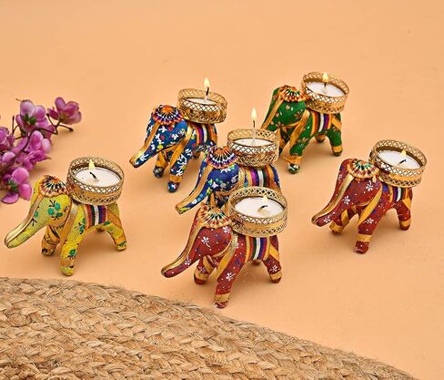 Elephant Tealight Candle Holder Set of 6 | Handmade Multicolor Diya Stand for Diwali Decoration, Christmas, Festival & Home Décor | Decorative Elephant T-Light Candle Holder in Kuwait