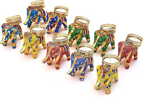 Elephant Tealight Candle Holder Set of 6 | Handmade Multicolor Diya Stand for Diwali Decoration, Christmas, Festival & Home Décor | Decorative Elephant T-Light Candle Holder in Kuwait