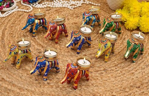 Elephant Tealight Candle Holder Set of 6 | Handmade Multicolor Diya Stand for Diwali Decoration, Christmas, Festival & Home Décor | Decorative Elephant T-Light Candle Holder in Kuwait