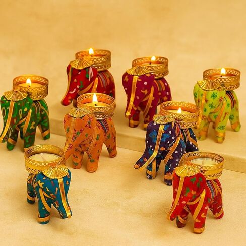 Elephant Tealight Candle Holder Set of 6 | Handmade Multicolor Diya Stand for Diwali Decoration, Christmas, Festival & Home Décor | Decorative Elephant T-Light Candle Holder in Kuwait